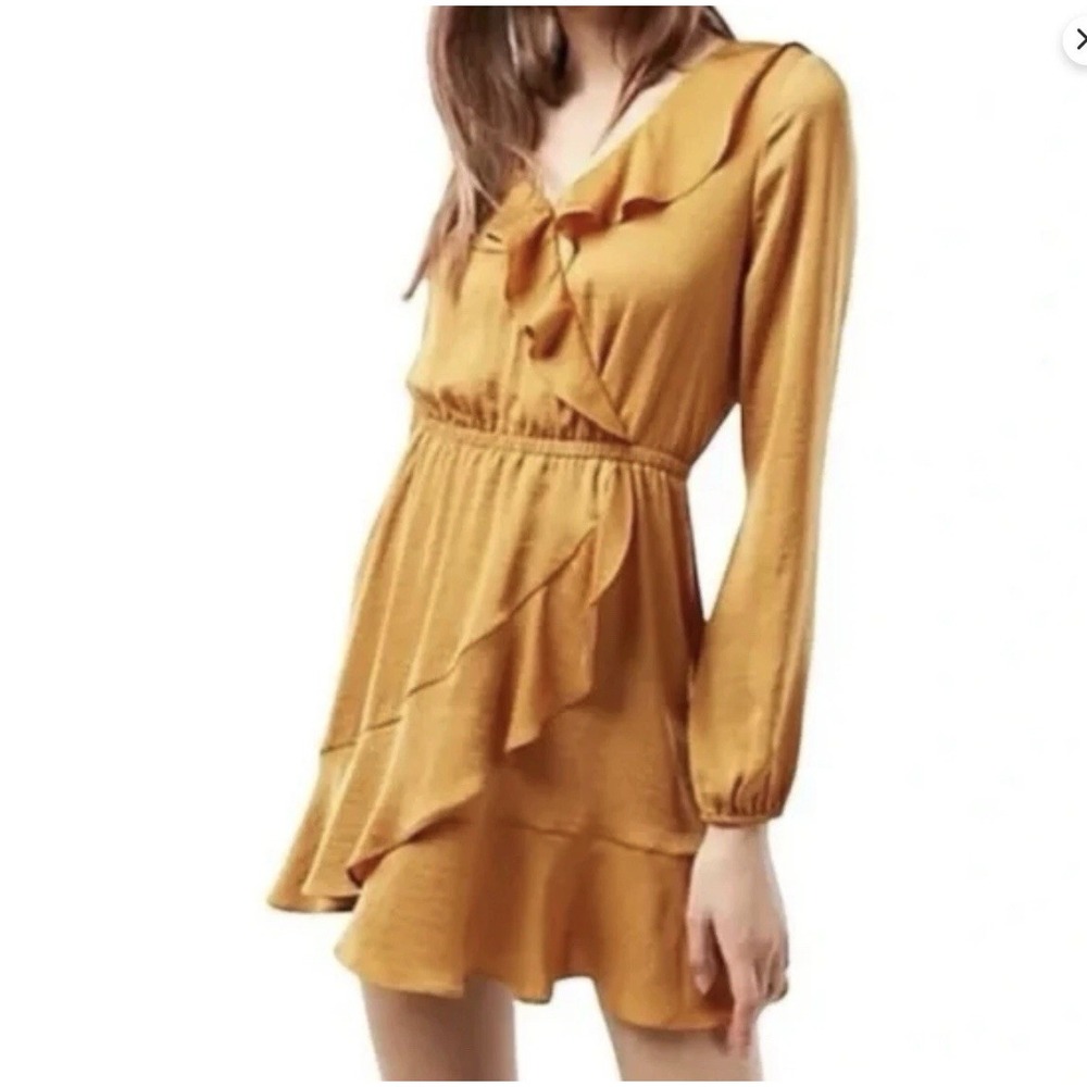 Express Faux Wrap Dress Womens XS Petite Mustard Yellow Excellent Ruffle Mini‎